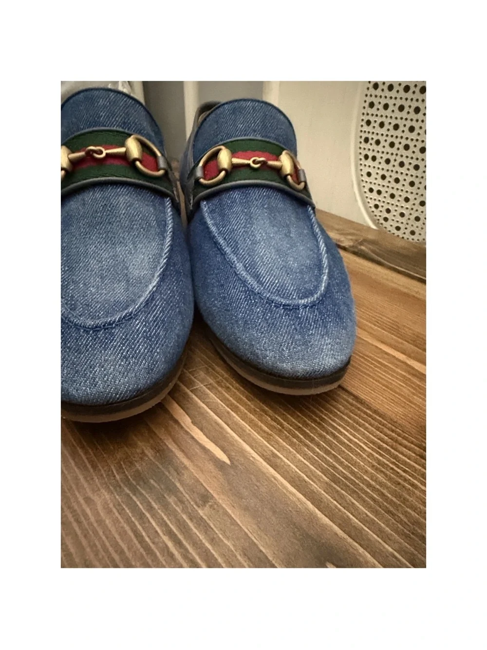 Gucci Blue Denim Horsebit Loafers with Green & Red Web